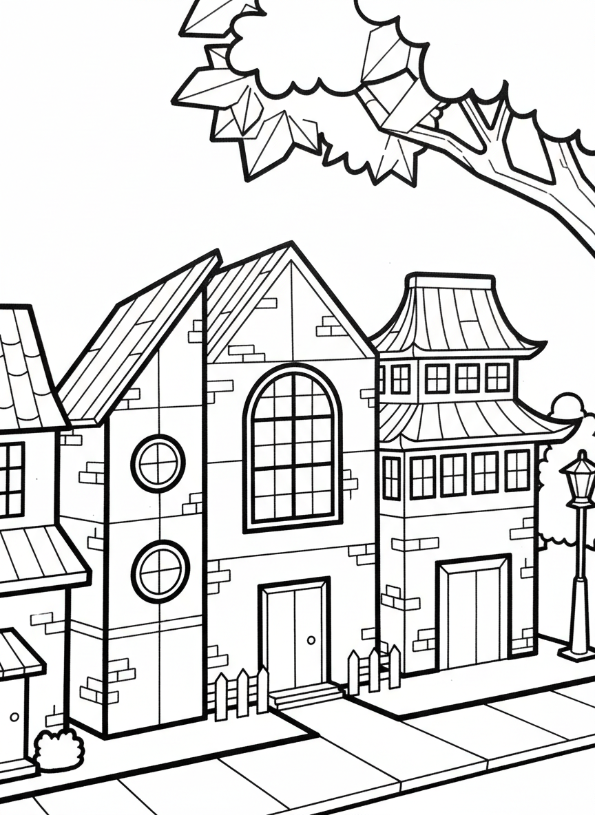 A row of three connected origami townhouses, each with different roof styles and window arrangements, showing urban paper-folded architecture.