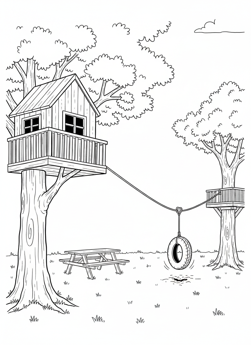 A backyard treehouse with a zip line to a second tree, a tire landing pad below, picnic table visible on the ground