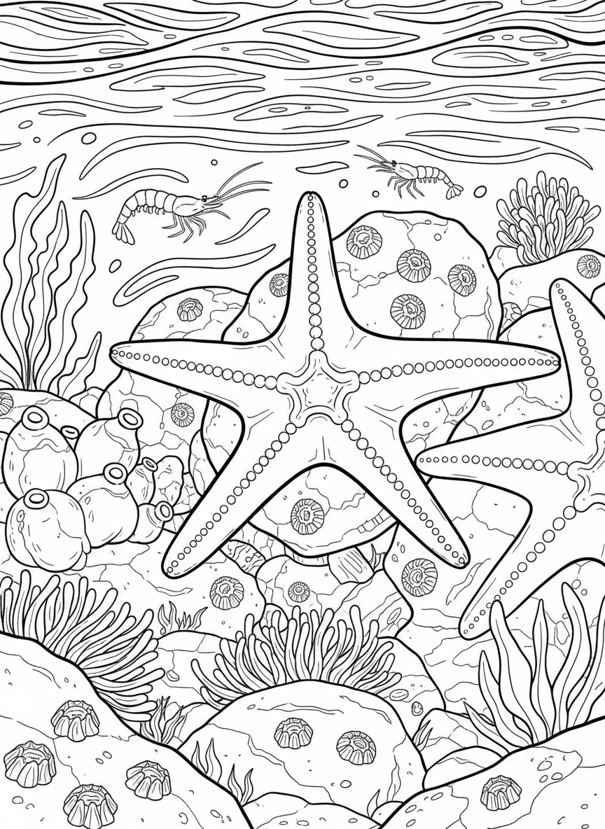 Underwater tide pool view showing a sea star slowly moving across rocks while small shrimp swim nearby