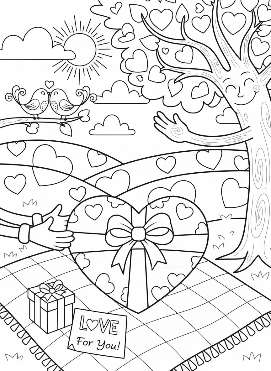 Valentines Day coloring page prompts celebrating love, connection, kindness, and heartfelt moments.	A surprise gift moment with a small wrapped box and handwritten note resting beside it.