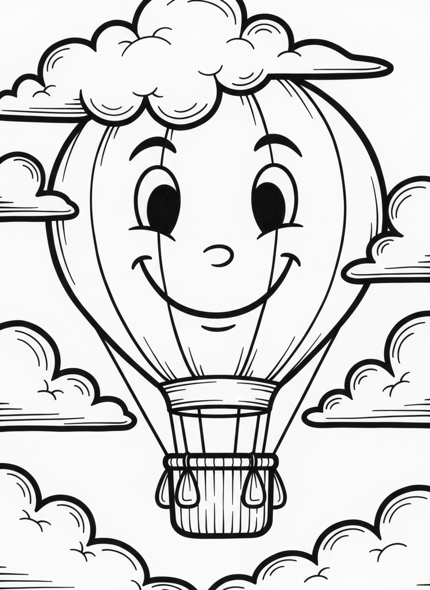 A hot air balloon shaped like a friendly smiling face with the basket as a chin, floating through clouds.