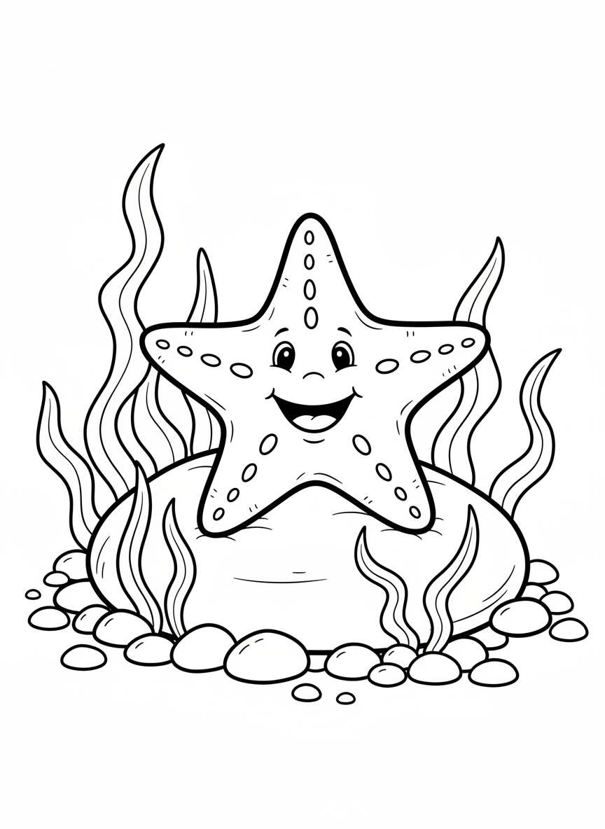 A cheerful starfish with five arms resting on a smooth rock, surrounded by small pebbles and seaweed strands, simple line art for young children.