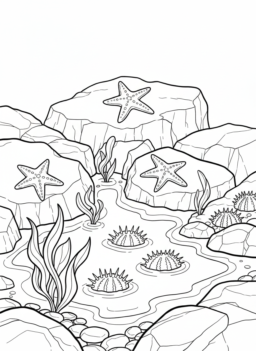 A tide pool landscape with rocks at different heights, featuring starfish on upper rocks and sea urchins in lower pools with water plants.