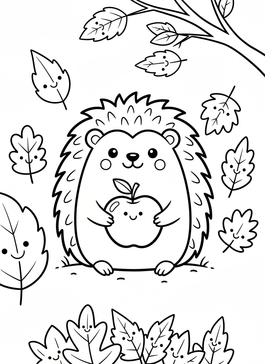 A cute round hedgehog with simplified spikes, holding an apple and smiling, surrounded by autumn leaves with happy faces
