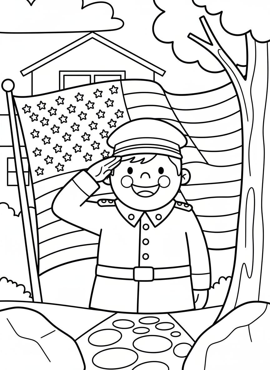 A smiling soldier in uniform saluting with an American flag waving in the background, simple line art suitable for young children