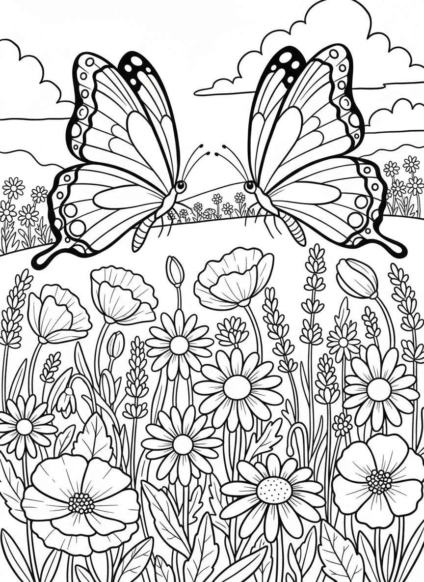 Two butterflies dancing together above a field of wildflowers including daisies, poppies, and lavender stems.