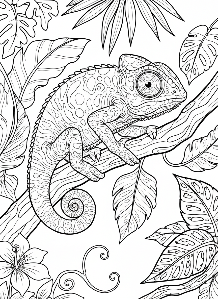 A chameleon gripping a branch with its curled tail and feet, with textured skin and one large eye visible.