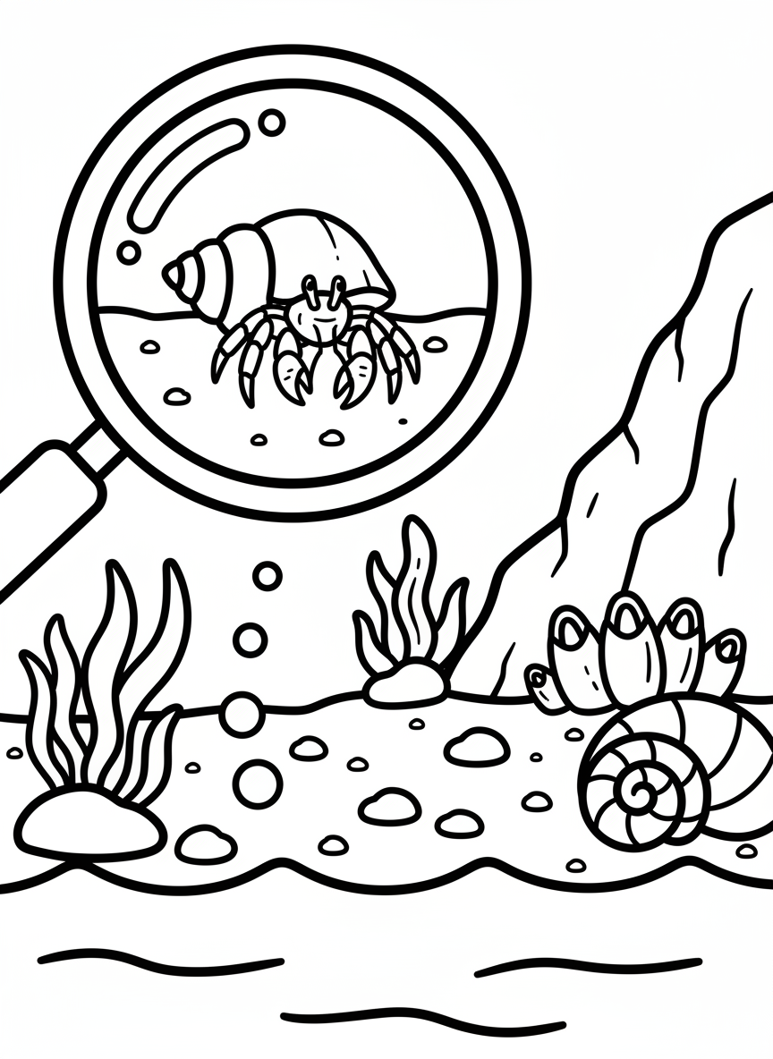 A magnifying glass examining a tiny hermit crab in a tide pool, close-up view with clear outlines and simple details.