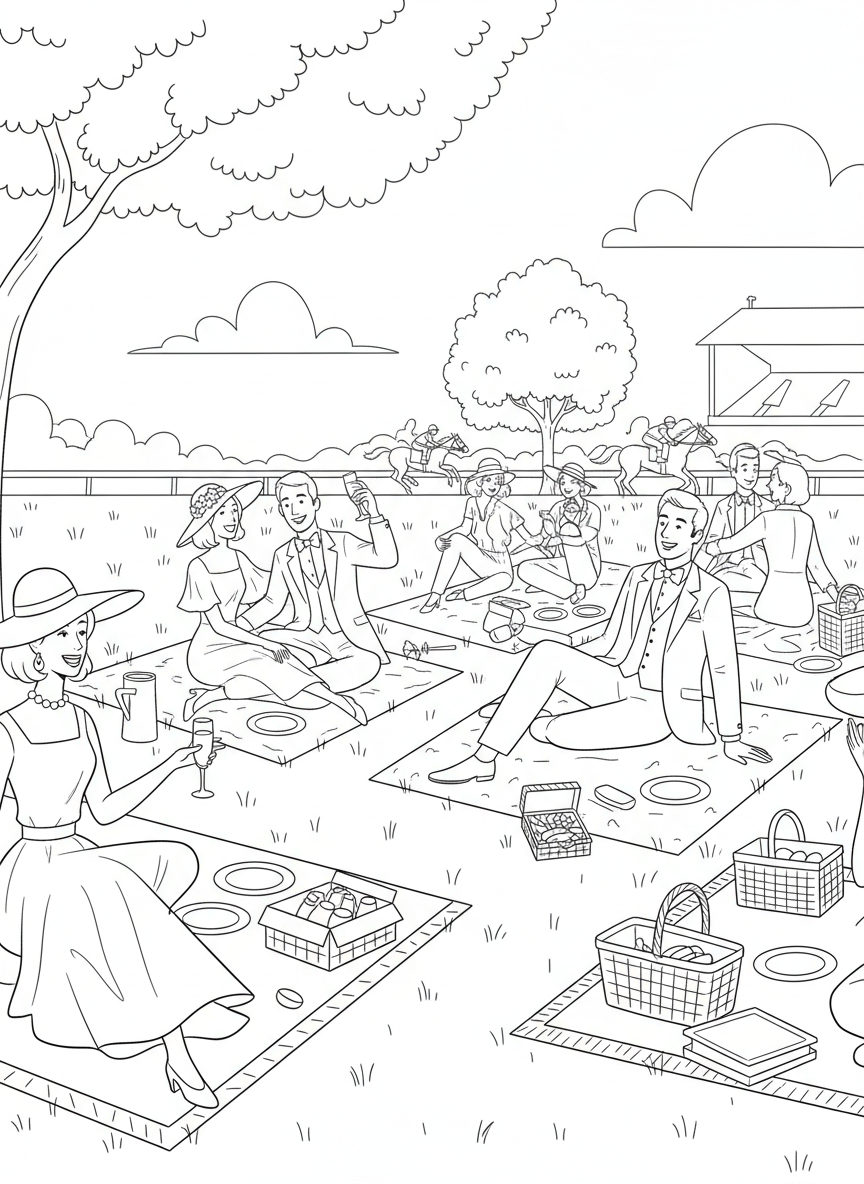 A picnic scene at the Derby infield with blankets, baskets, and people in spring dresses and suits enjoying the day.