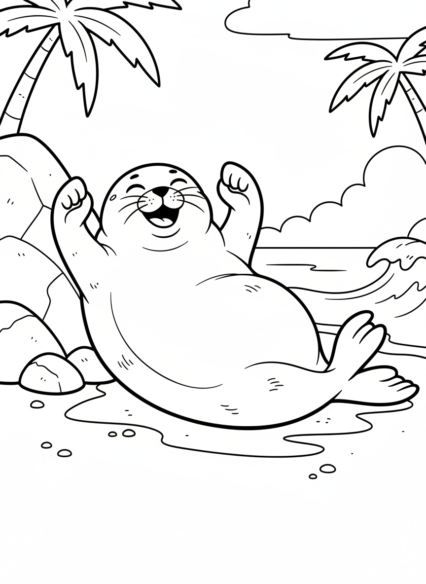 A chubby seal lying on its back on the sand, flippers in the air, looking relaxed and happy.