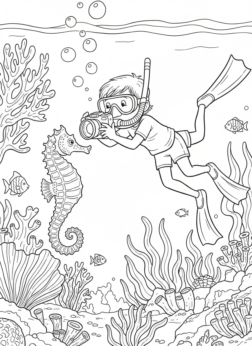 Underwater view of a kid snorkeler taking an underwater photo with a waterproof camera, capturing a seahorse