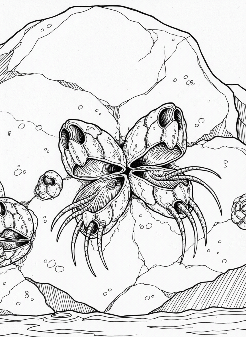 A close-up view of open barnacle shells with their feathery feeding legs extended outward, showing the delicate cirri in a simple line-art style