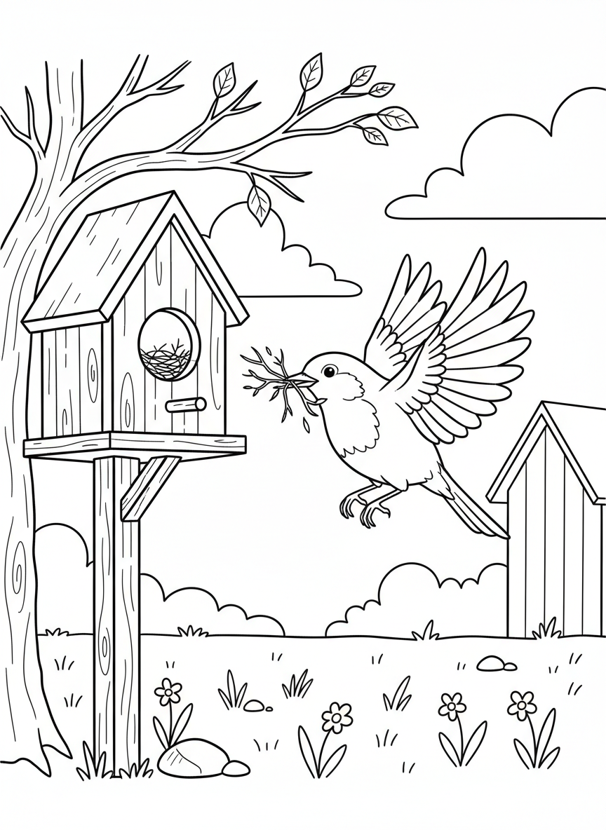 A robin building a nest with twigs in its beak, near an empty birdhouse ready for spring