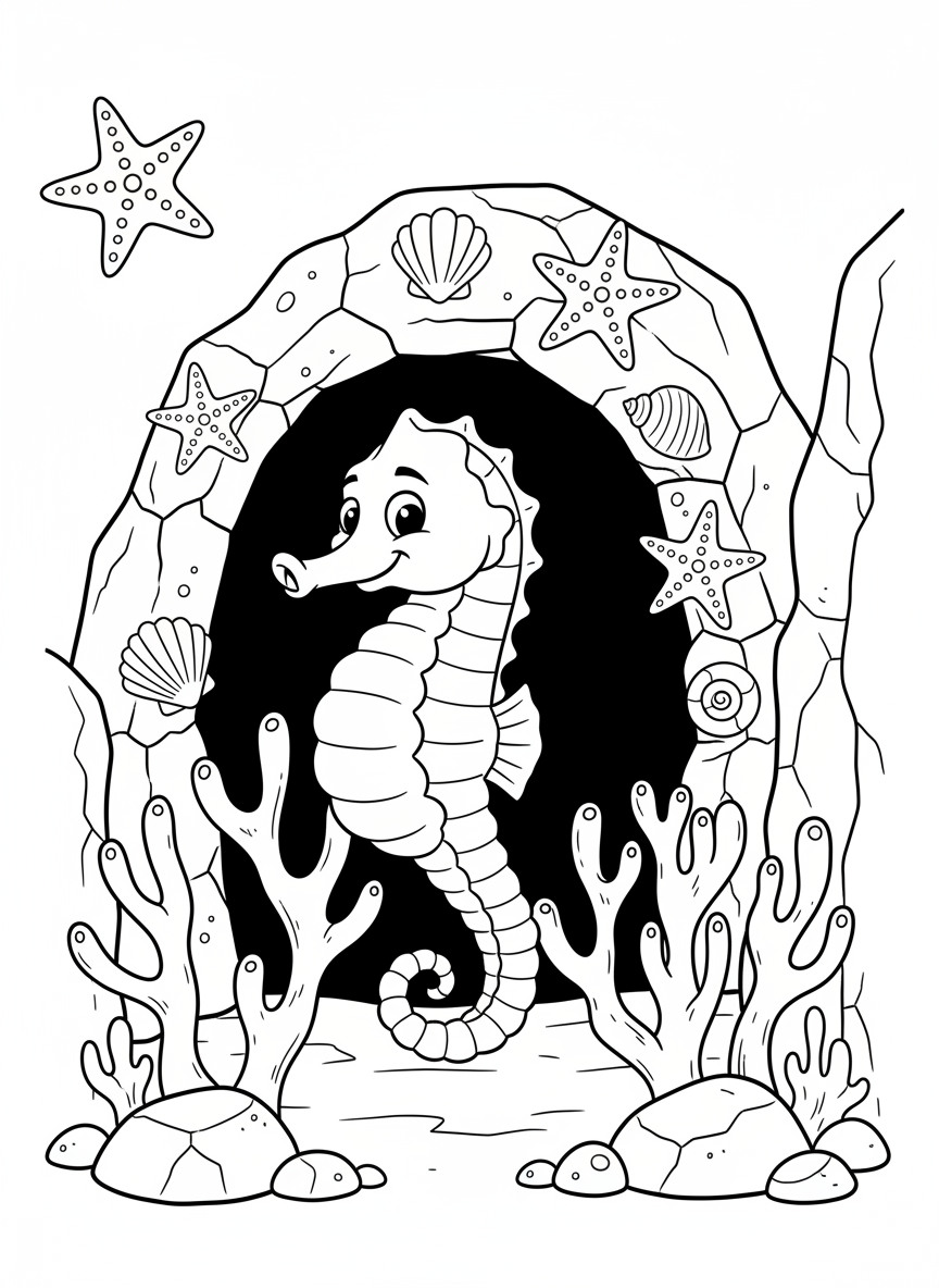 A smiling seahorse holding onto a piece of coral near the entrance of a small cave decorated with shells and starfish