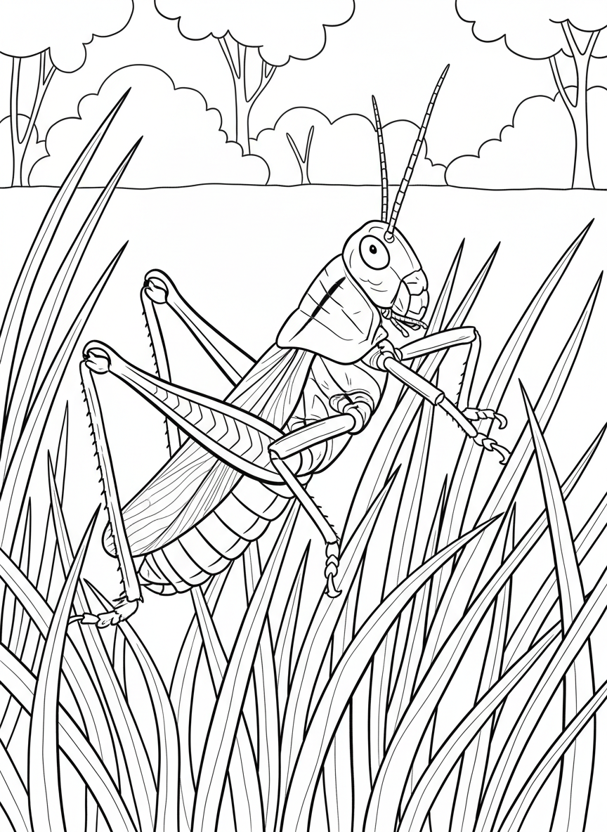 A grasshopper sitting in tall grass, showing its powerful back legs ready to jump.