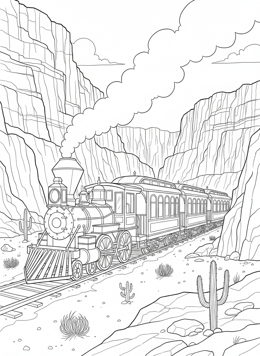 A historic gold rush era train with a wood-burning engine and old-fashioned passenger cars in a desert canyon setting