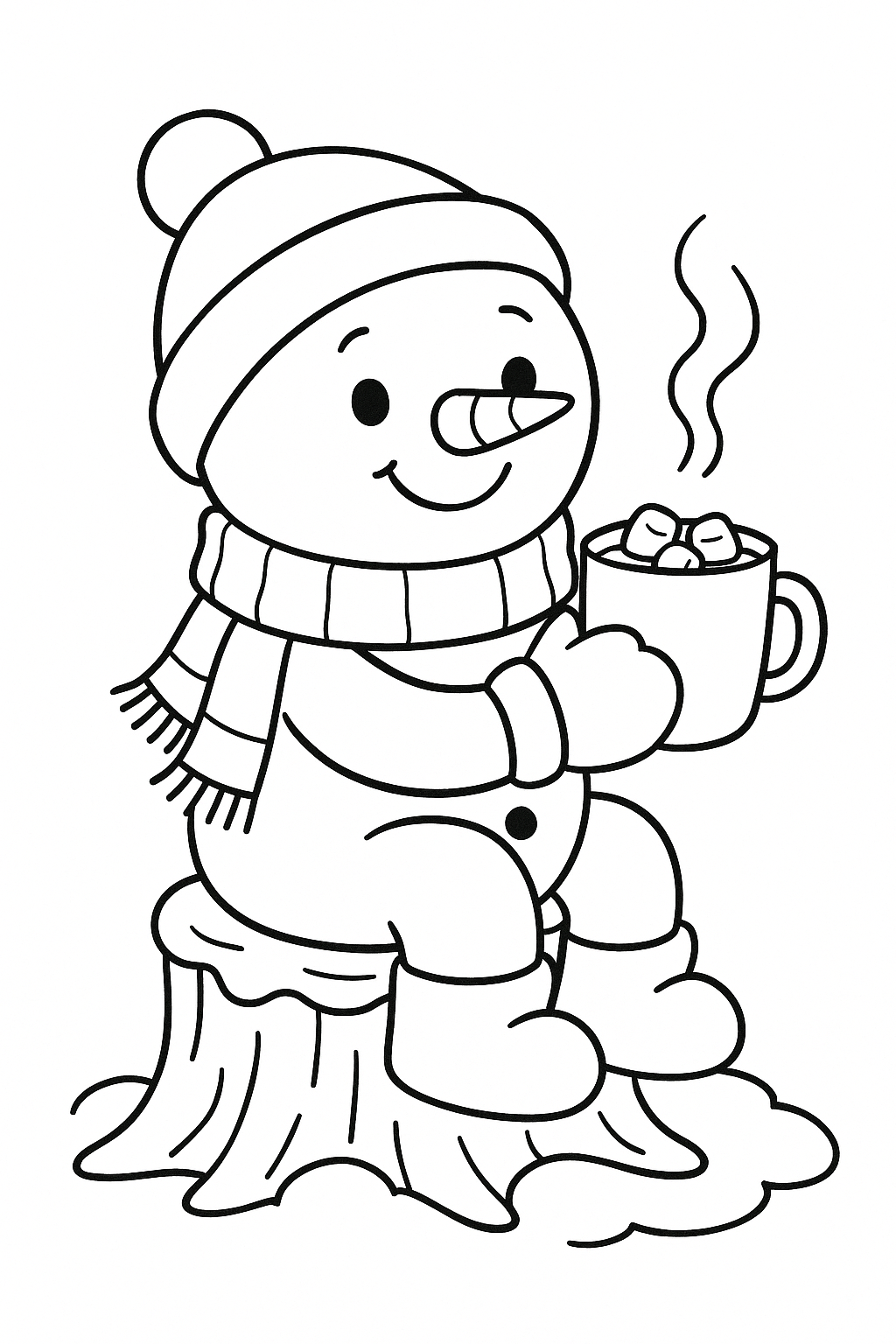 A cozy snowman sitting on a snow stump holding a steaming mug of hot cocoa with marshmallows.