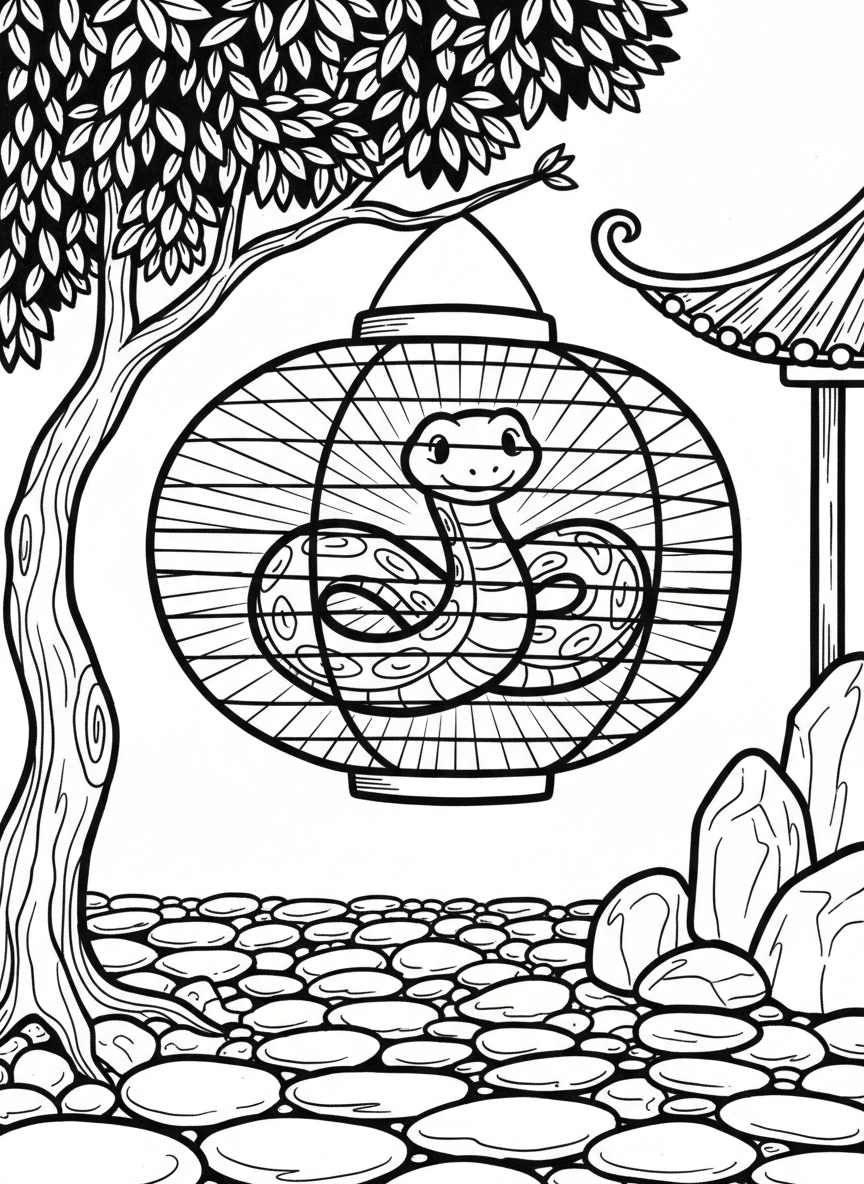 A paper lantern with a friendly snake silhouette inside, glowing effect shown with radiating lines
