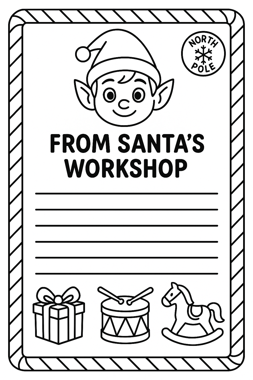 Elf letterhead coloring page: cute elf face with pointed hat, candy cane border, From Santa's Workshop header, North Pole stamp, toy decorations, message lines, thick black outlines, magical design