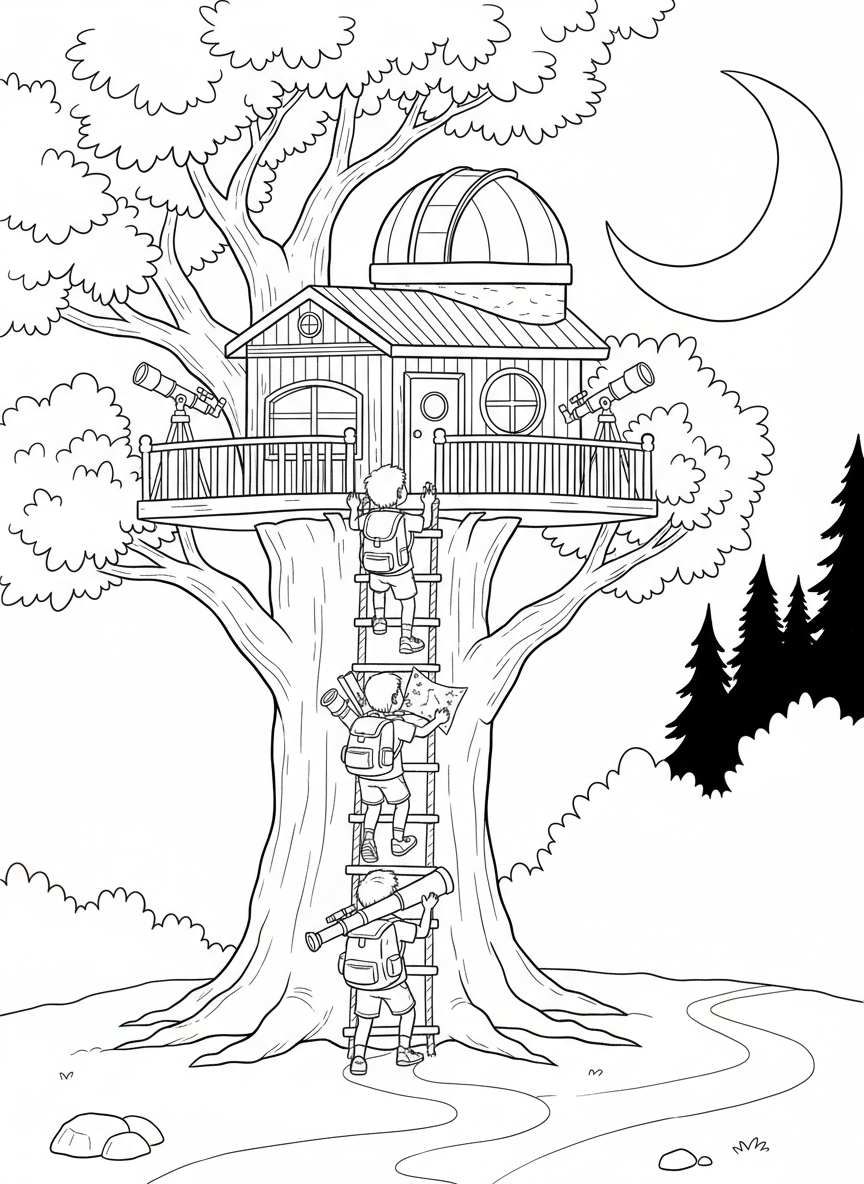 Children climbing a rope ladder to a treehouse observatory carrying backpacks full of astronomy gear, with the moon rising behind the trees.
