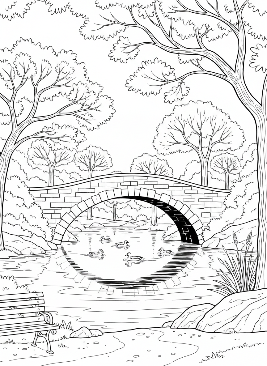 Central Park scene with a stone bridge arching over a peaceful pond, trees and ducks swimming below, nature in the city.
