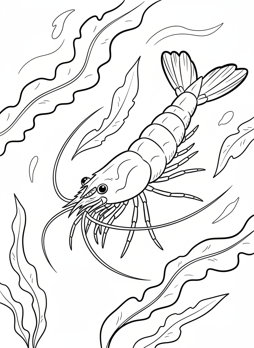 A mysid shrimp with its characteristic tail fan spread out, swimming near floating seaweed in clear water.