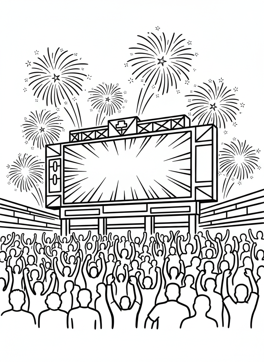 A large stadium scoreboard showing opening day with fireworks bursting above it, crowd silhouettes below cheering with raised arms.