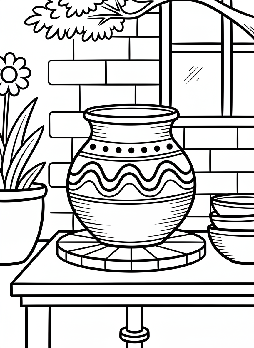 A simple round clay pot with decorative wavy lines and dots around the rim, sitting on a pottery wheel.