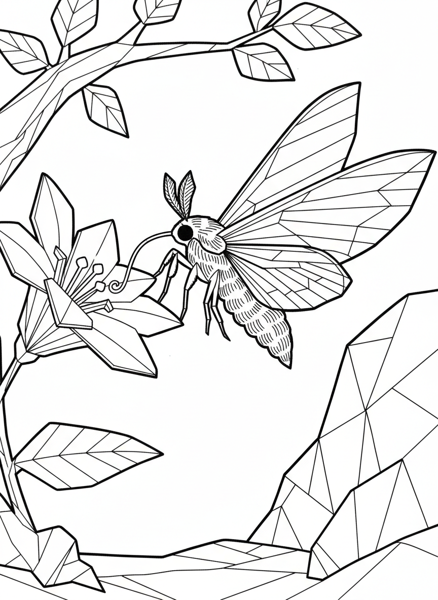 An origami sphinx moth with narrow wings and fuzzy-looking body texture created by fold lines, feeding position
