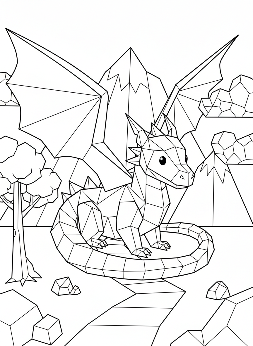 An origami dragon robot with angular scales, geometric wings, and folded paper tail coiled in a friendly pose