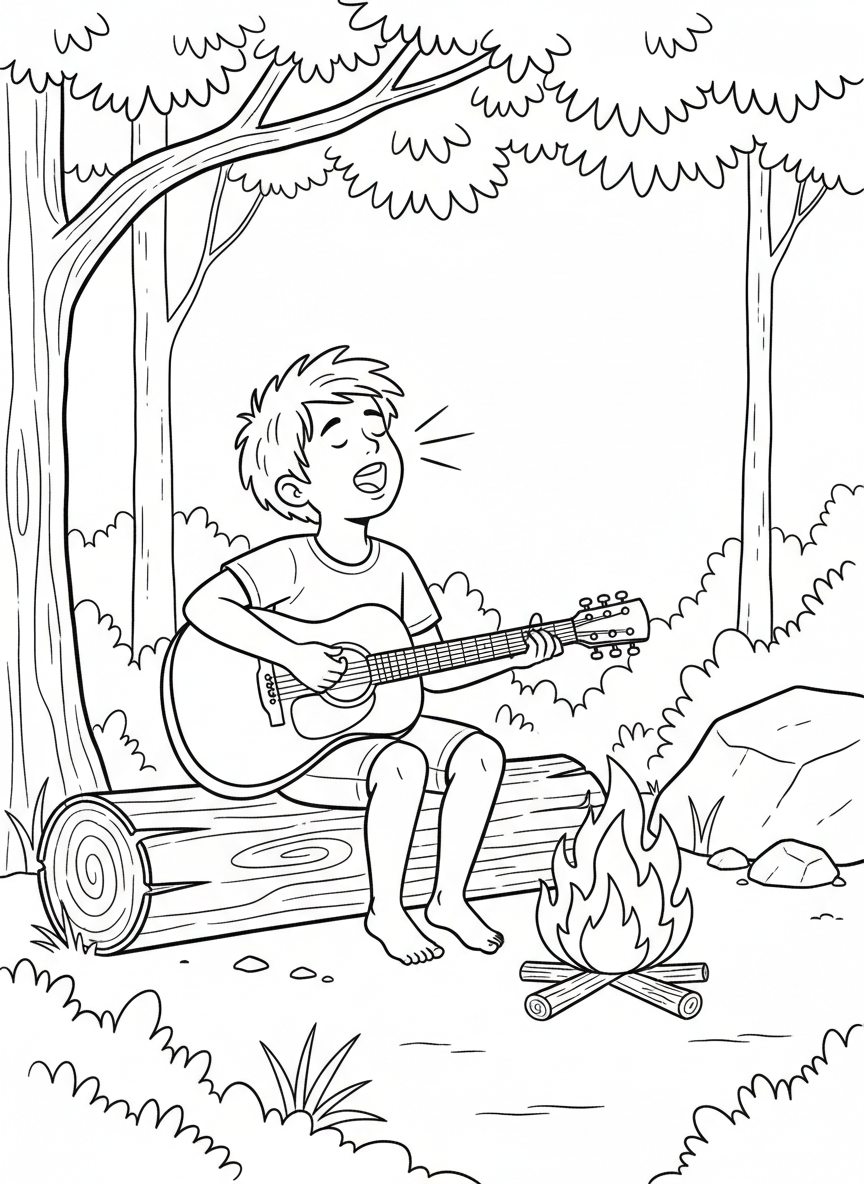 Child sitting on a log next to a pretend campfire made of paper flames, holding a guitar and singing.