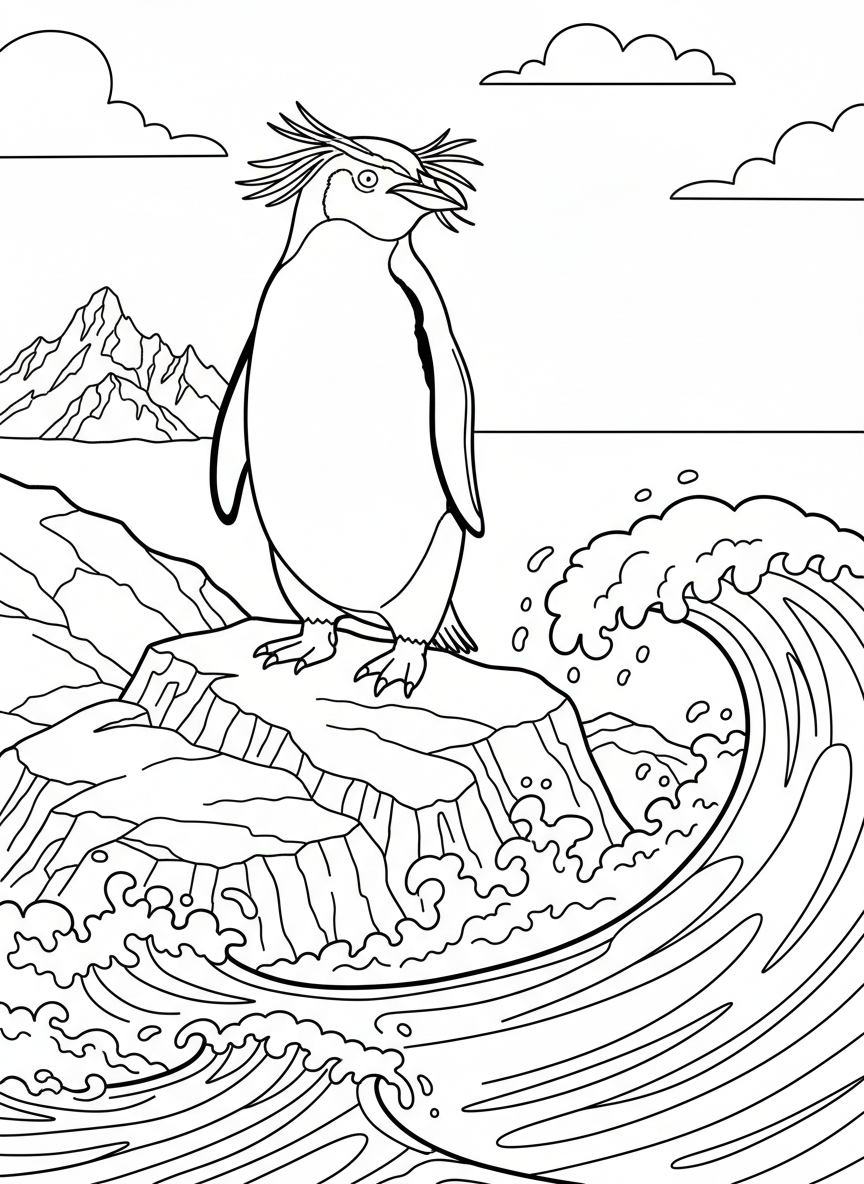 A macaroni penguin with its distinctive yellow crest feathers, standing on a rock with ocean waves behind.