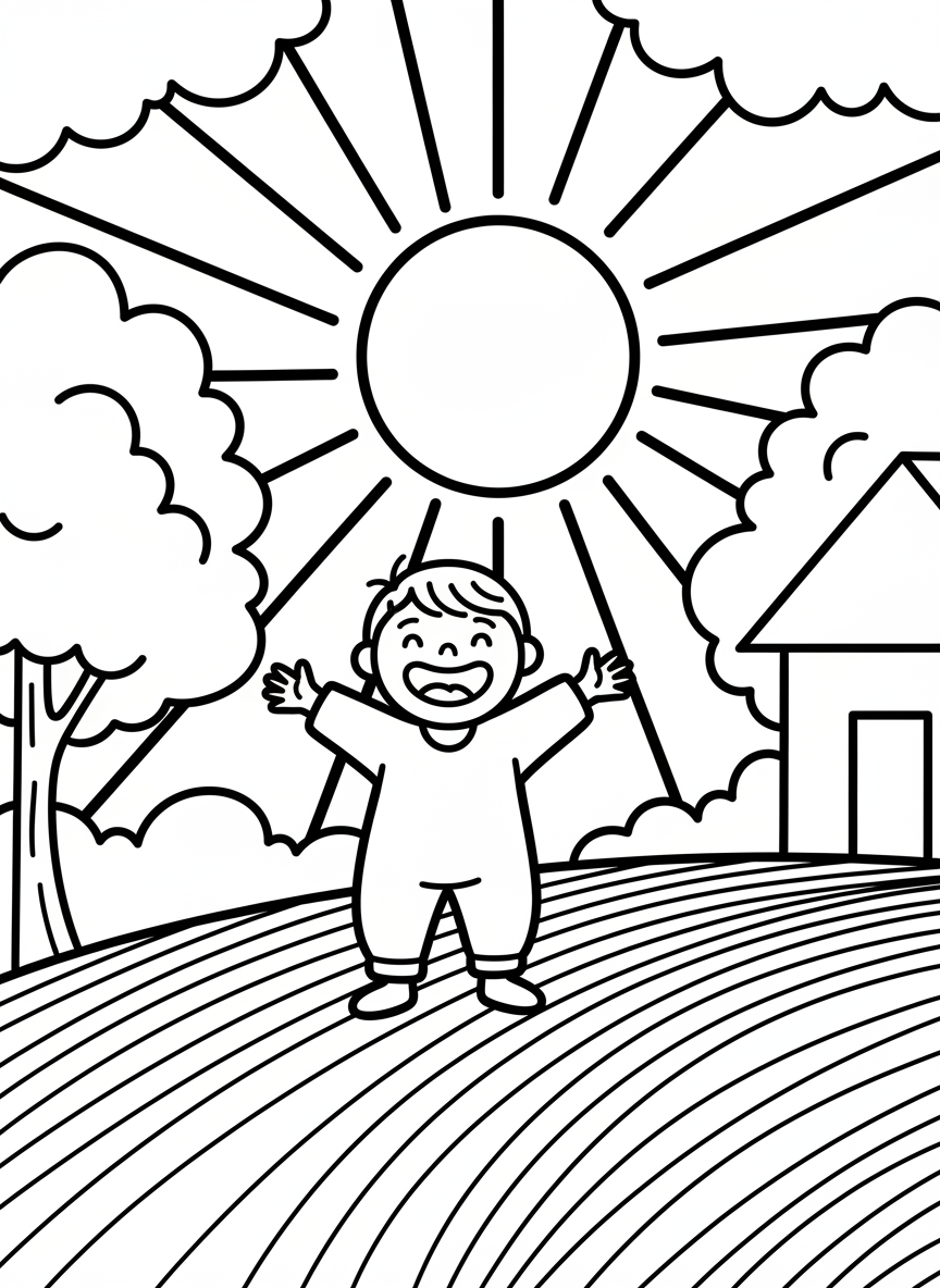 A child standing outside under a bright sun, simple sky with sun rays, grassy ground, happy expression, clean bold outlines, simple shapes, no text, no logos