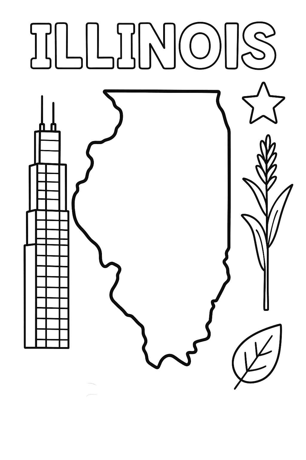 Illinois Write “Illinois” once at the top in outlined letters. Make the state outline bold and central. Add one skyscraper, one corn stalk, one star, and one leaf in corners.