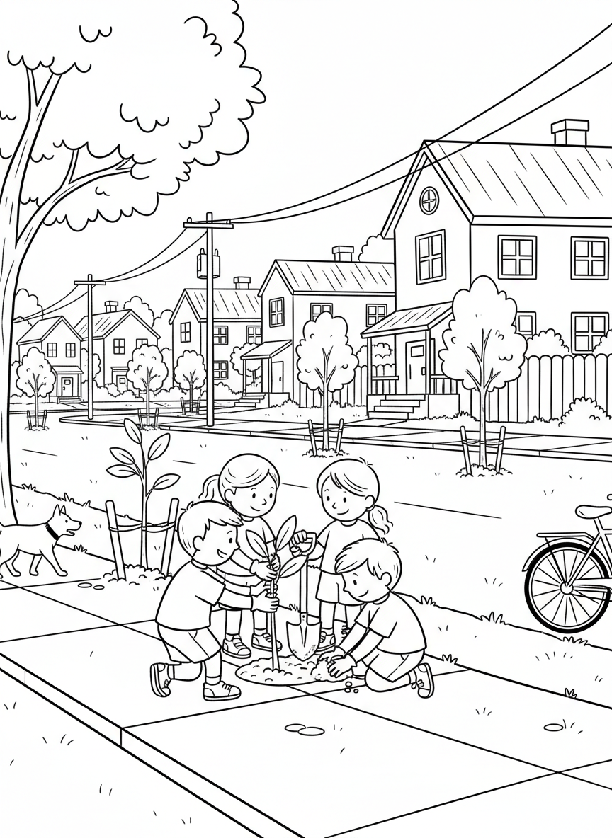 A neighborhood scene with kids planting multiple trees along a street, with houses and sidewalks in the background.