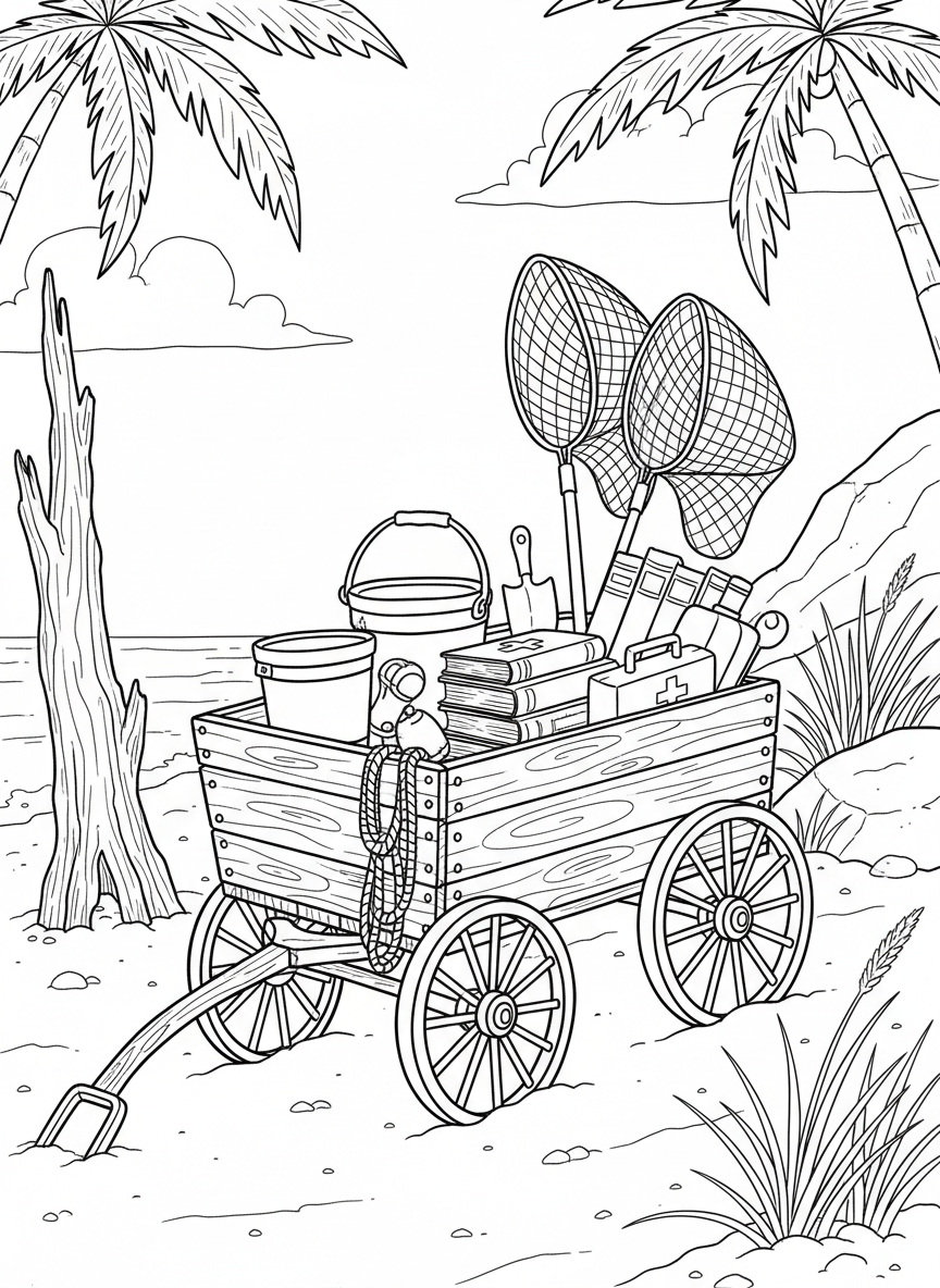 A beach scene with a wagon full of exploration gear: multiple buckets, nets, guidebooks, and a first aid kit, ready to roll