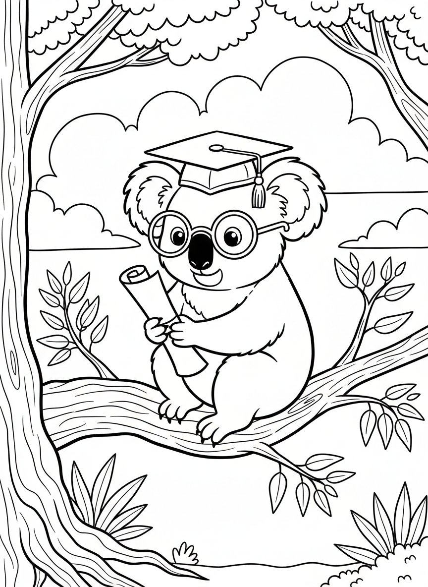 A graduate koala sitting on a tree branch reading from a diploma scroll, wearing glasses and a graduation cap with tassel.