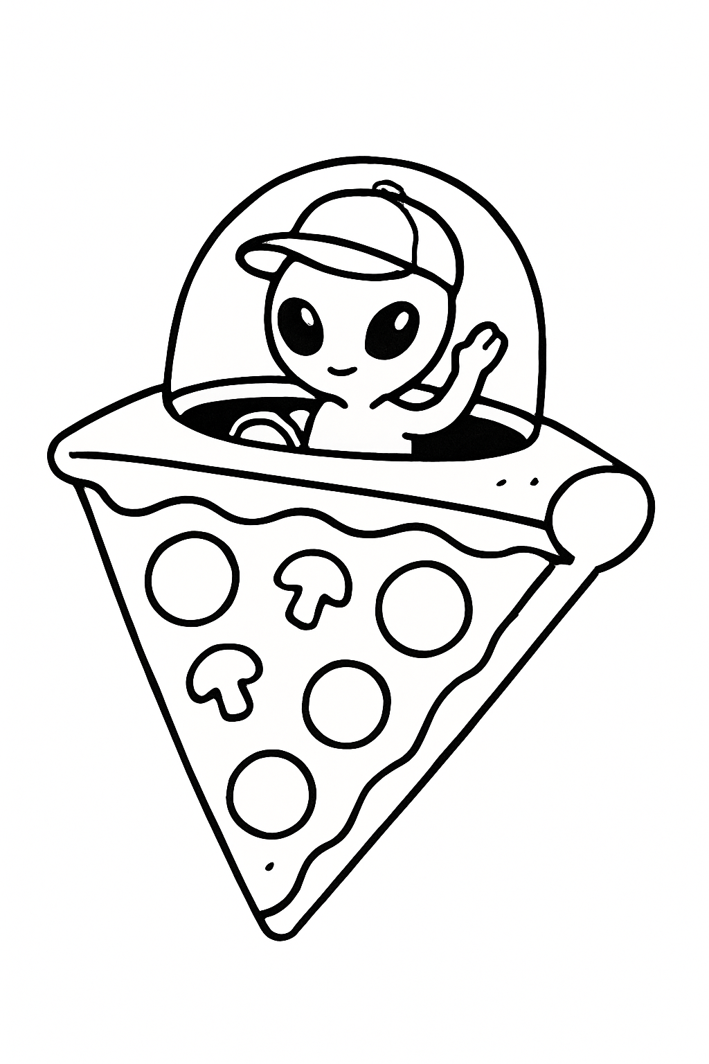 UFO Pizza Delivery: A whimsical flying saucer shaped like a pizza slice, piloted by a little alien wearing a delivery cap.