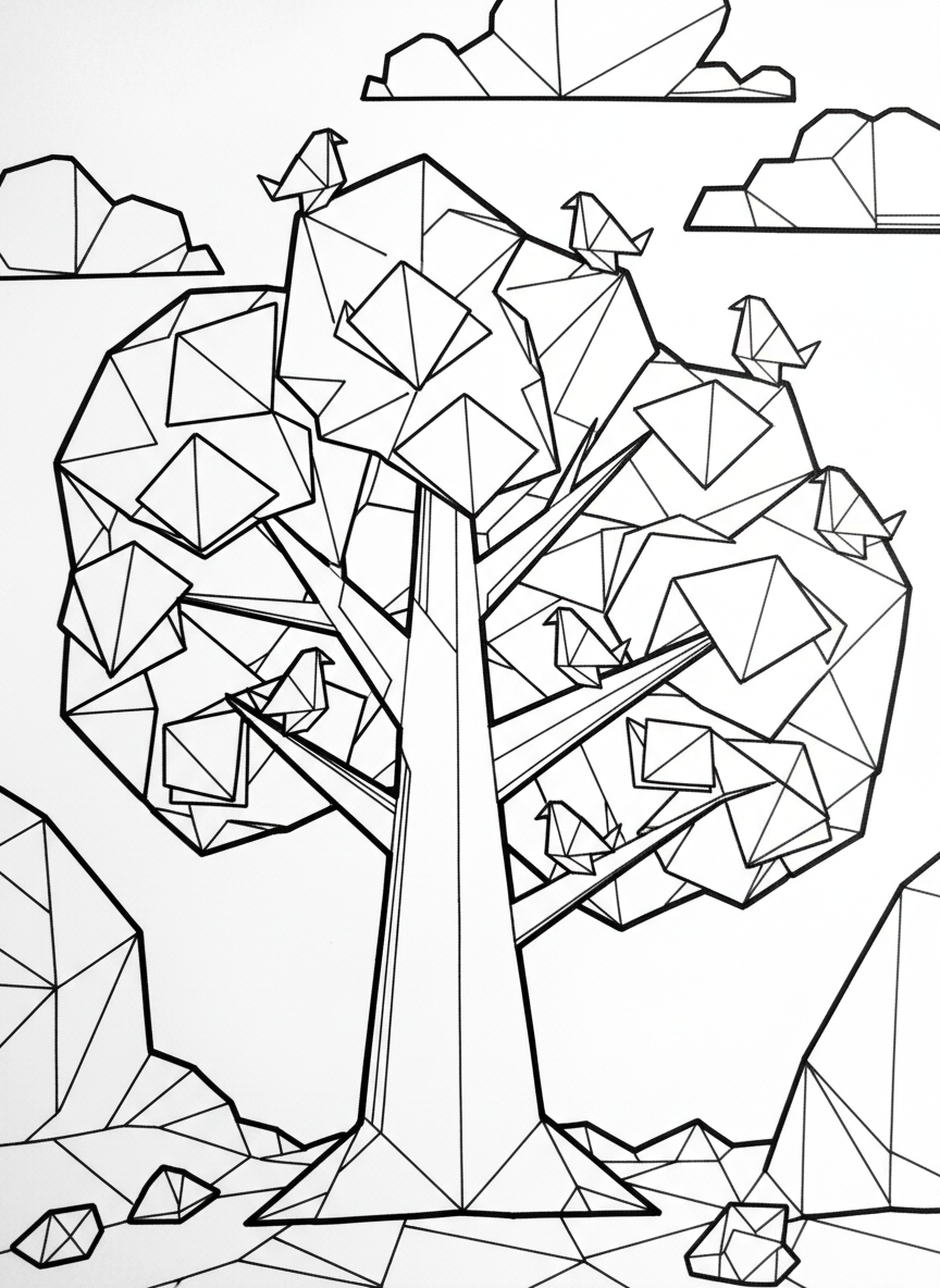 A whimsical origami tree with geometric branches, triangular leaves with fold lines, and small paper birds perched on branches.