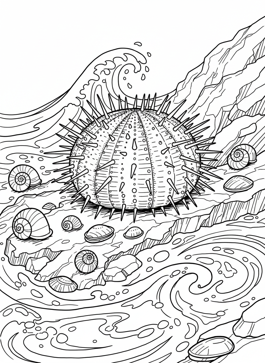 A sea urchin with spiky texture sitting on a rock, surrounded by smaller tide pool creatures like snails and limpets.