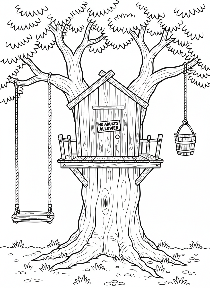A simple platform treehouse with a rope swing, bucket pulley system, and a no-adults-allowed sign on the door
