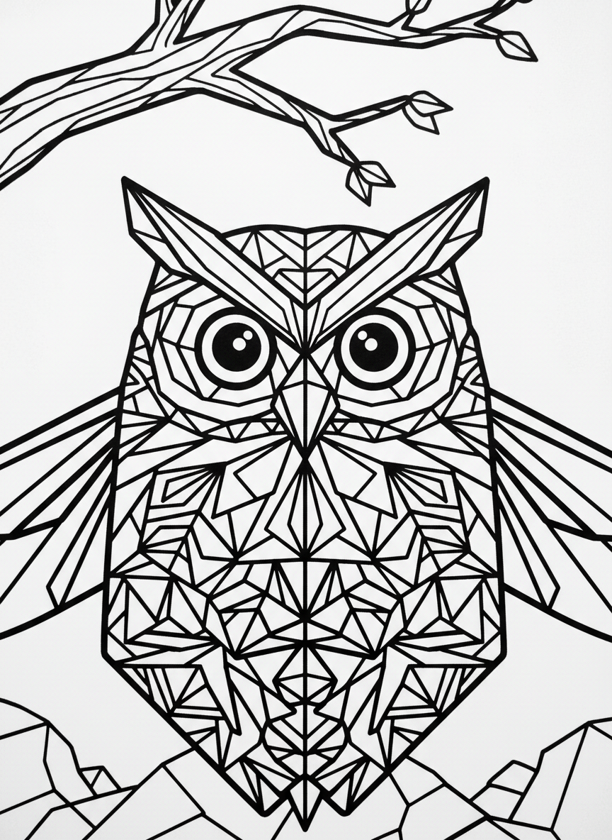A close-up of an origami owl face with large round eyes and triangular beak, symmetrical design with detailed fold patterns