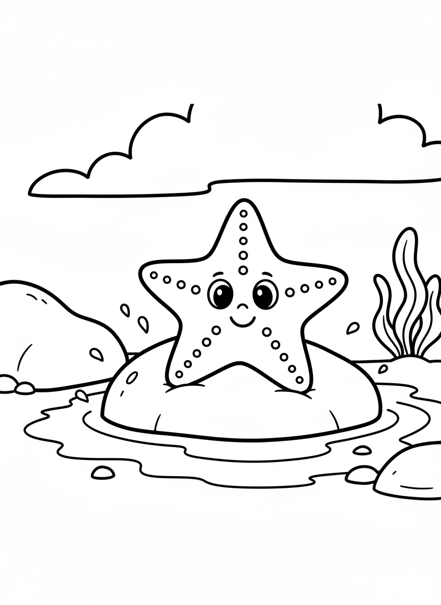 A cheerful starfish resting on a smooth rock surrounded by small tide pool water, simple shapes and bold outlines perfect for young children