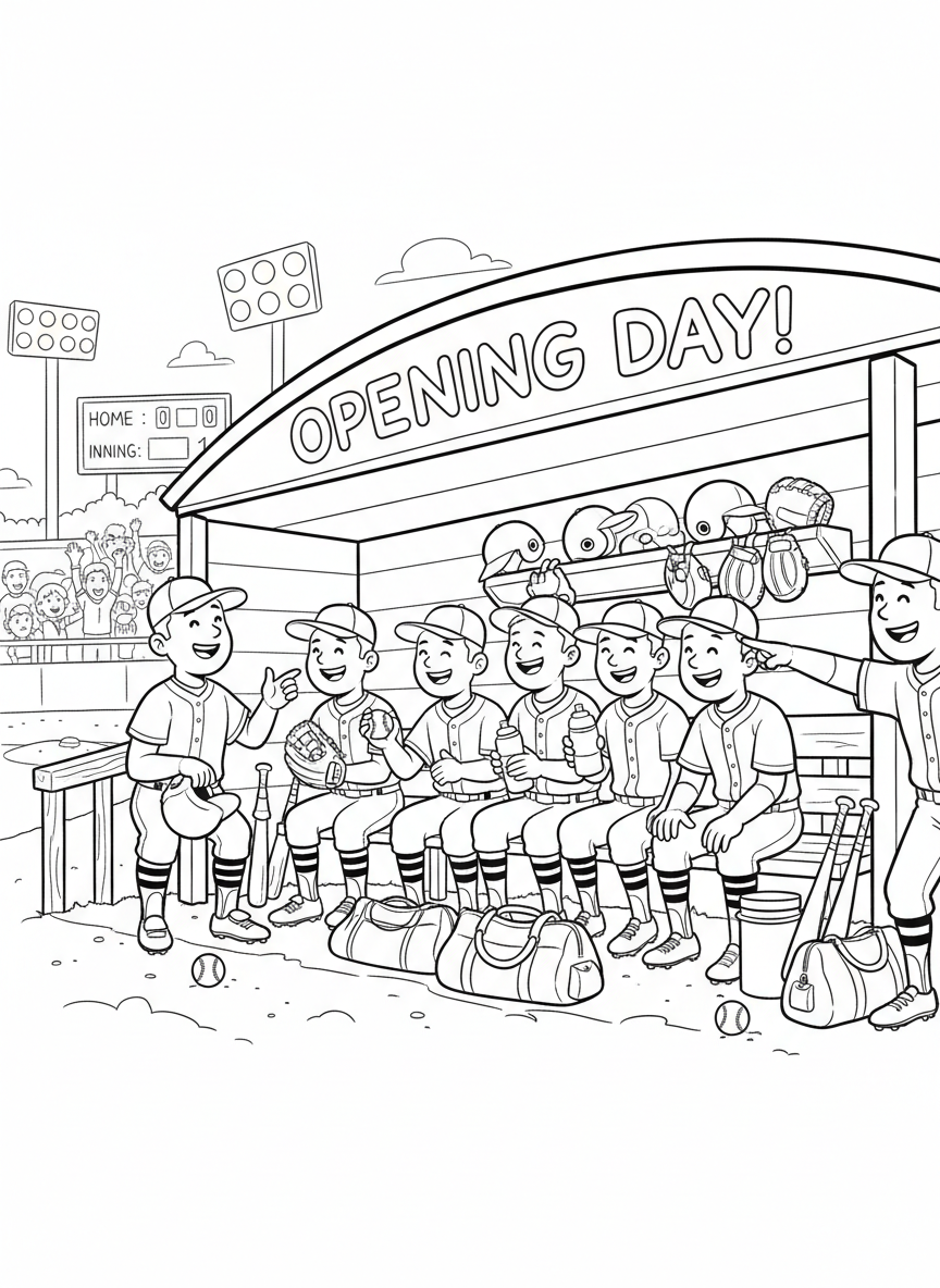 Baseball Opening Day coloring page prompts celebrating fresh starts, spring optimism, and the return of the game.	A dugout scene filled with relaxed smiles and conversation as players enjoy Opening Day energy.