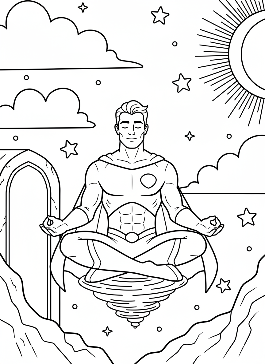 A superhero meditating while floating cross-legged in the air, peaceful expression, simple clouds and stars around them