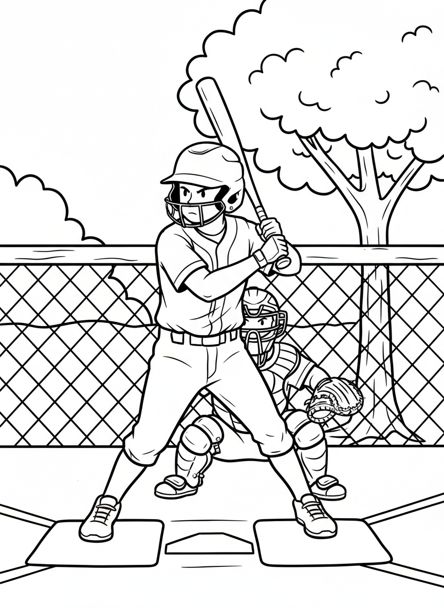 A young baseball player in batting stance at home plate, wearing a helmet and holding a bat, ready to swing with determination.