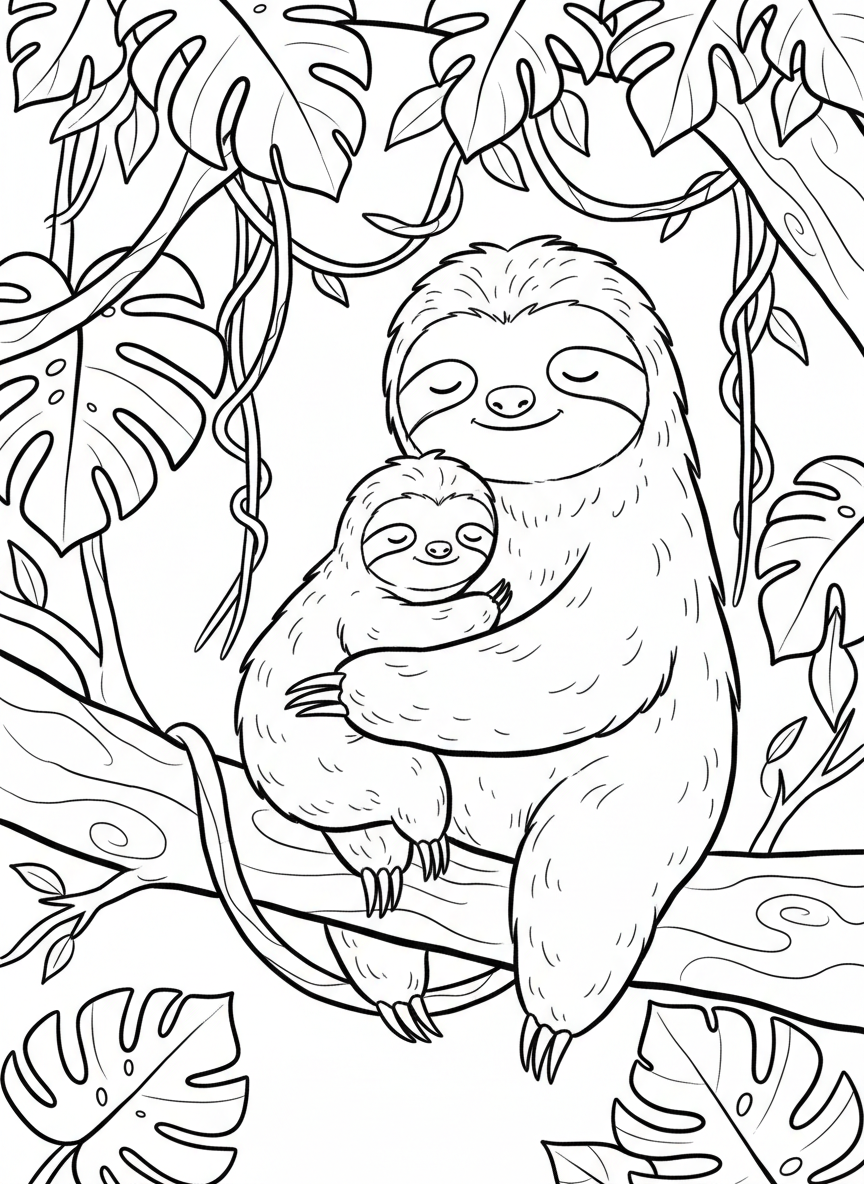 A baby sloth hugging its mother as they rest on a tree branch in the rainforest canopy, with vines and leaves around them