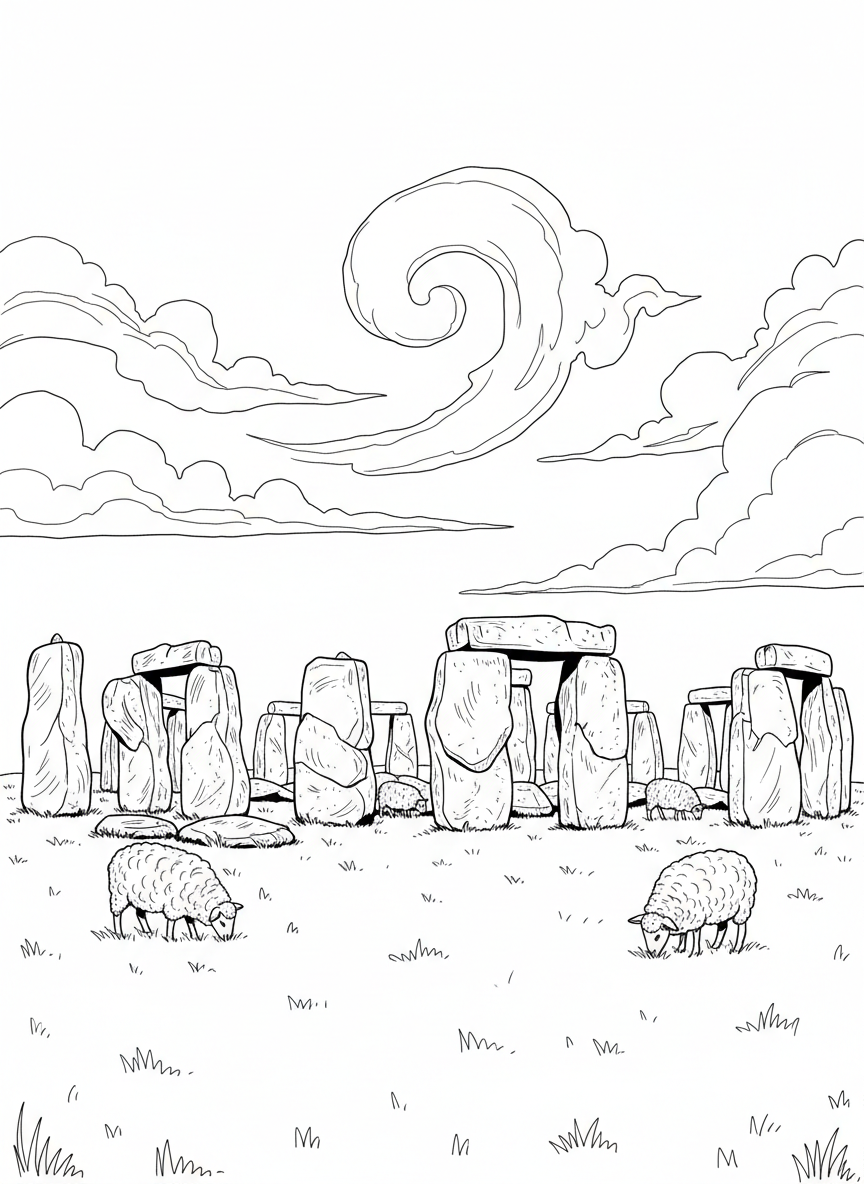 Stonehenge stone circle monument on a grassy plain with sheep grazing and clouds in the sky above.