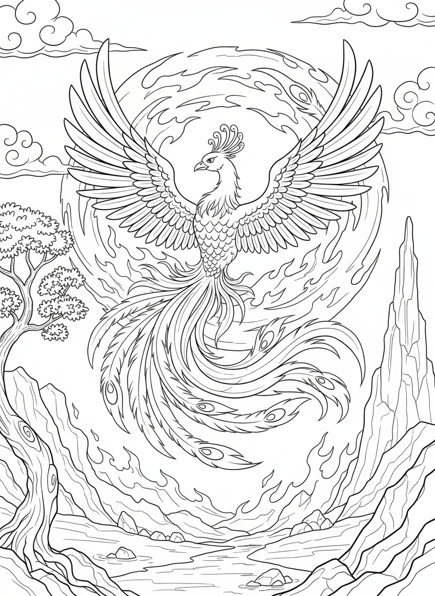 A beautiful phoenix bird rising from flames with elaborate tail feathers spread wide, soaring through the sky.