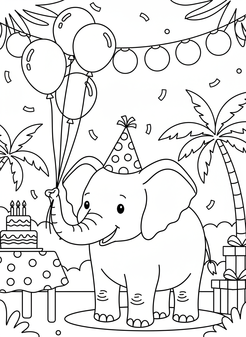 A friendly elephant wearing a party hat and holding balloons with its trunk, standing in a festive setting.